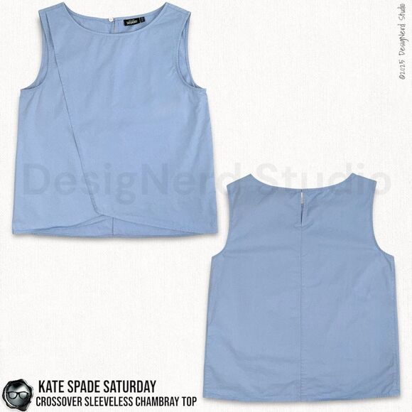 VINTAGE KATE SPADE SATURDAY CROSSOVER SLEEVELESS POPLIN SHIRT IN CHAMBRAY BLUE - Picture 7 of 8
